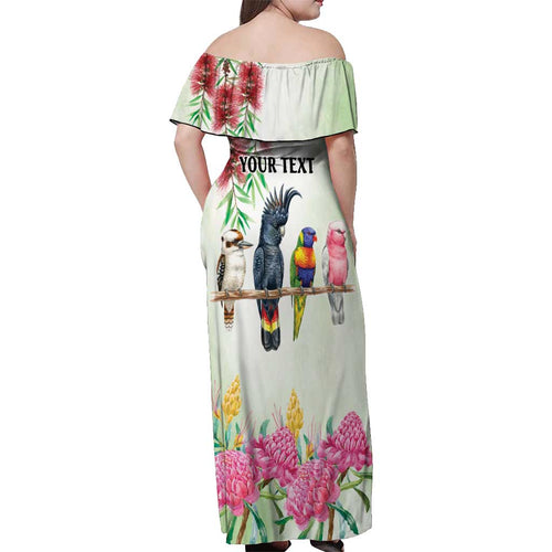 Australian Native Bird Off Shoulder Maxi Dress Kookaburra Cockatoo Rainbow Lorikeet Galah Flowers - Aussie Hoodie