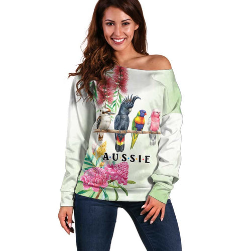Australian Native Bird Off Shoulder Sweater Kookaburra Cockatoo Rainbow Lorikeet Galah Flowers - Aussie Hoodie