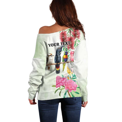 Australian Native Bird Off Shoulder Sweater Kookaburra Cockatoo Rainbow Lorikeet Galah Flowers - Aussie Hoodie