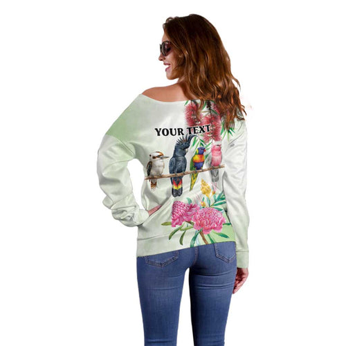 Australian Native Bird Off Shoulder Sweater Kookaburra Cockatoo Rainbow Lorikeet Galah Flowers - Aussie Hoodie