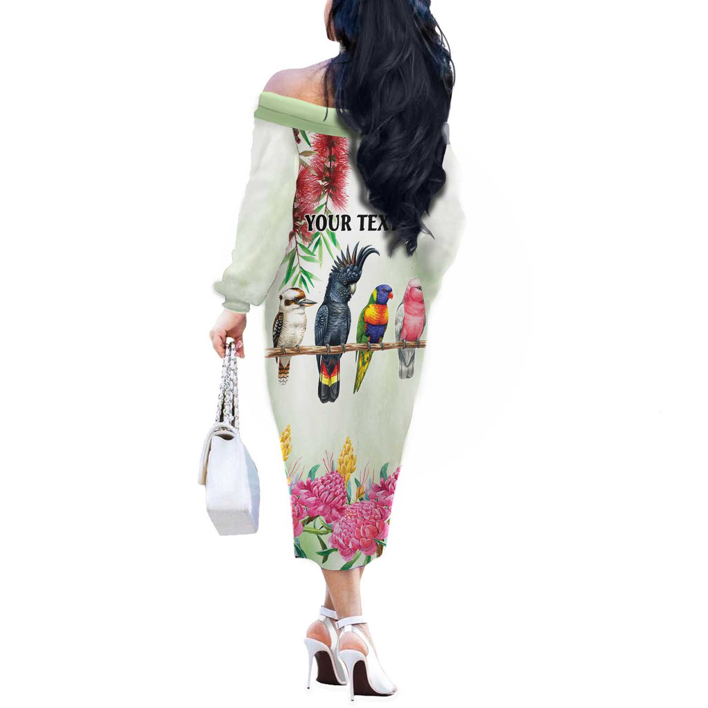 Australian Native Bird Off The Shoulder Long Sleeve Dress Kookaburra Cockatoo Rainbow Lorikeet Galah Flowers - Aussie Hoodie