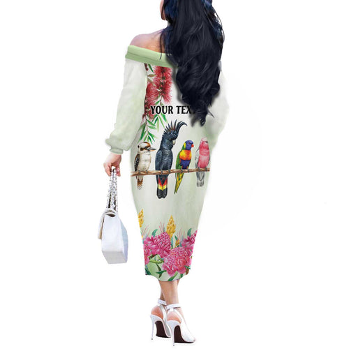 Australian Native Bird Off The Shoulder Long Sleeve Dress Kookaburra Cockatoo Rainbow Lorikeet Galah Flowers - Aussie Hoodie