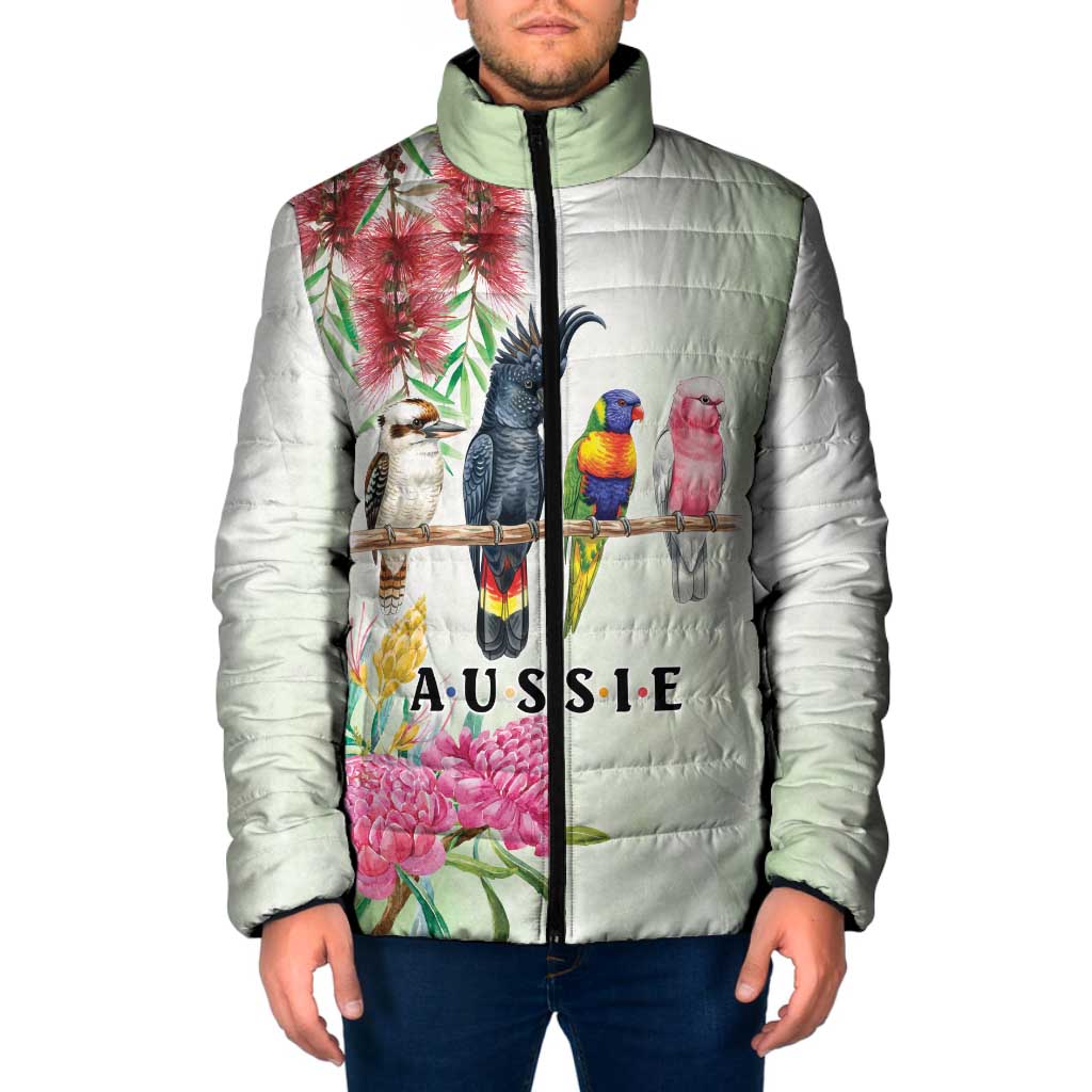 Australian Native Bird Padded Jacket Kookaburra Cockatoo Rainbow Lorikeet Galah Flowers - Aussie Hoodie