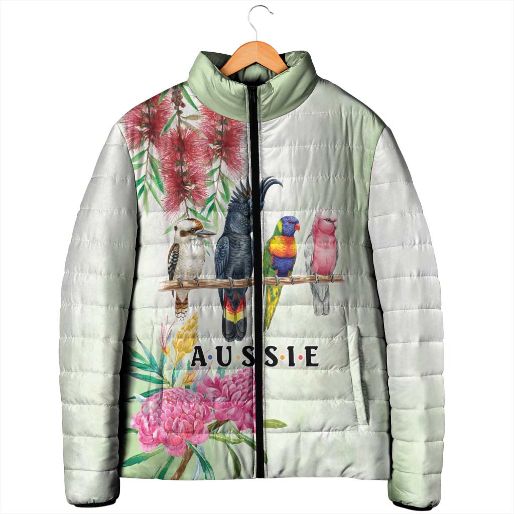 Australian Native Bird Padded Jacket Kookaburra Cockatoo Rainbow Lorikeet Galah Flowers - Aussie Hoodie