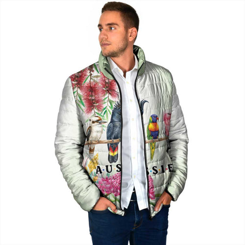 Australian Native Bird Padded Jacket Kookaburra Cockatoo Rainbow Lorikeet Galah Flowers - Aussie Hoodie