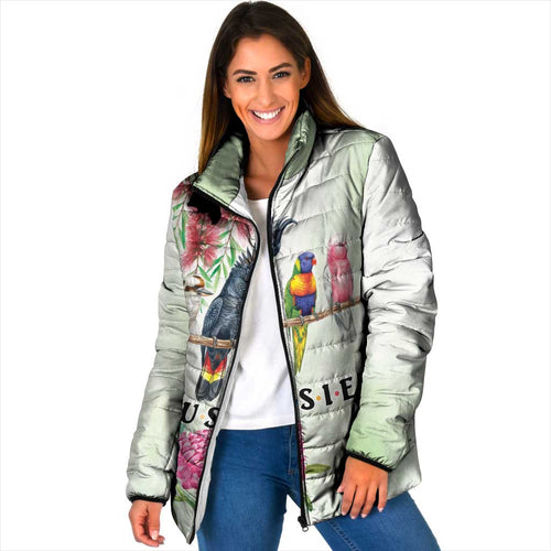 Australian Native Bird Padded Jacket Kookaburra Cockatoo Rainbow Lorikeet Galah Flowers - Aussie Hoodie