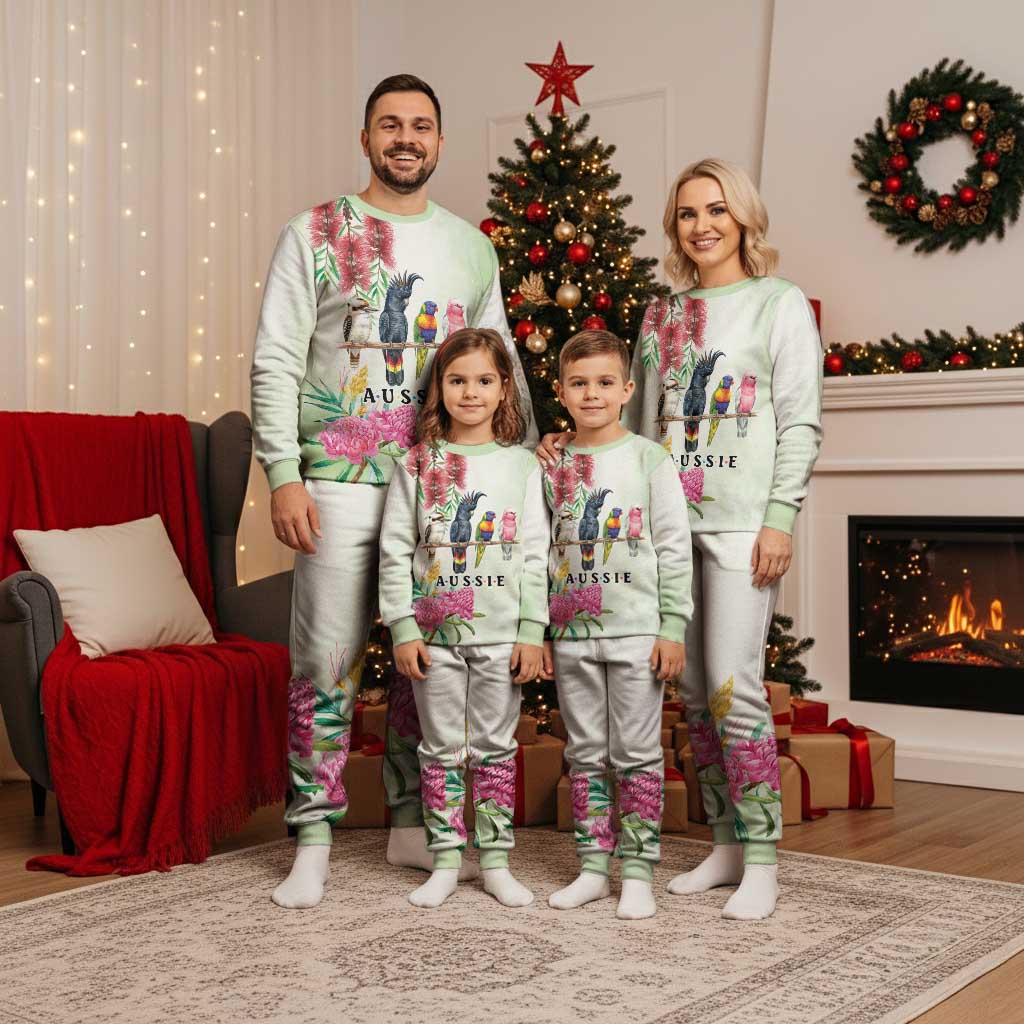 Australian Native Bird Christmas Pajama Set Kookaburra Cockatoo Rainbow Lorikeet Galah Flowers - Aussie Hoodie