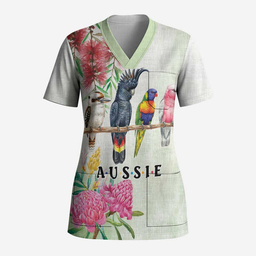 Australian Native Bird Scrub Top Kookaburra Cockatoo Rainbow Lorikeet Galah Flowers - Aussie Hoodie