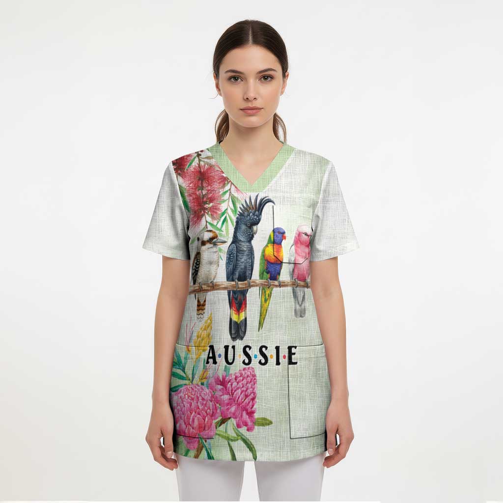 Australian Native Bird Scrub Top Kookaburra Cockatoo Rainbow Lorikeet Galah Flowers - Aussie Hoodie