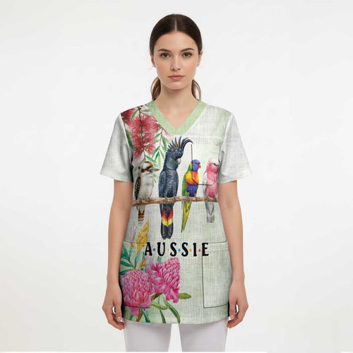Australian Native Bird Scrub Top Kookaburra Cockatoo Rainbow Lorikeet Galah Flowers - Aussie Hoodie