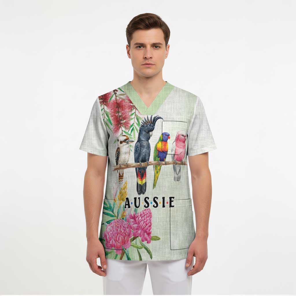 Australian Native Bird Scrub Top Kookaburra Cockatoo Rainbow Lorikeet Galah Flowers - Aussie Hoodie