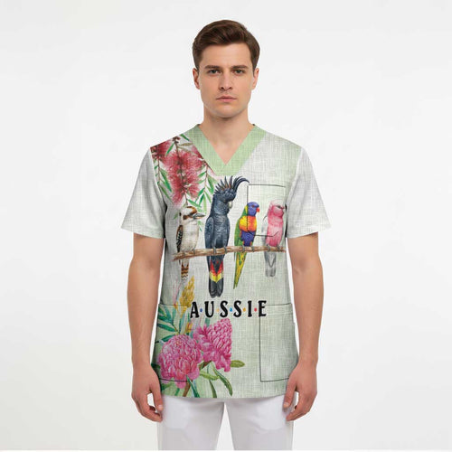 Australian Native Bird Scrub Top Kookaburra Cockatoo Rainbow Lorikeet Galah Flowers - Aussie Hoodie