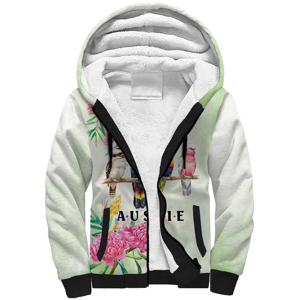 Australian Native Bird Sherpa Hoodie Kookaburra Cockatoo Rainbow Lorikeet Galah Flowers - Aussie Hoodie