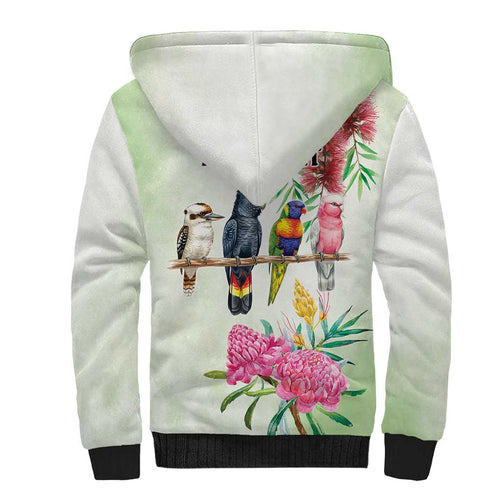 Australian Native Bird Sherpa Hoodie Kookaburra Cockatoo Rainbow Lorikeet Galah Flowers - Aussie Hoodie