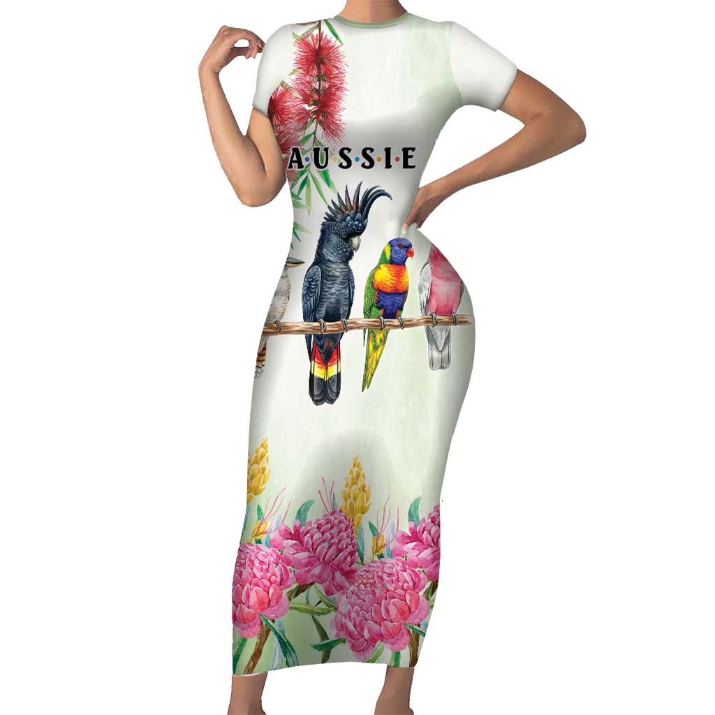 Australian Native Bird Short Sleeve Bodycon Dress Kookaburra Cockatoo Rainbow Lorikeet Galah Flowers - Aussie Hoodie