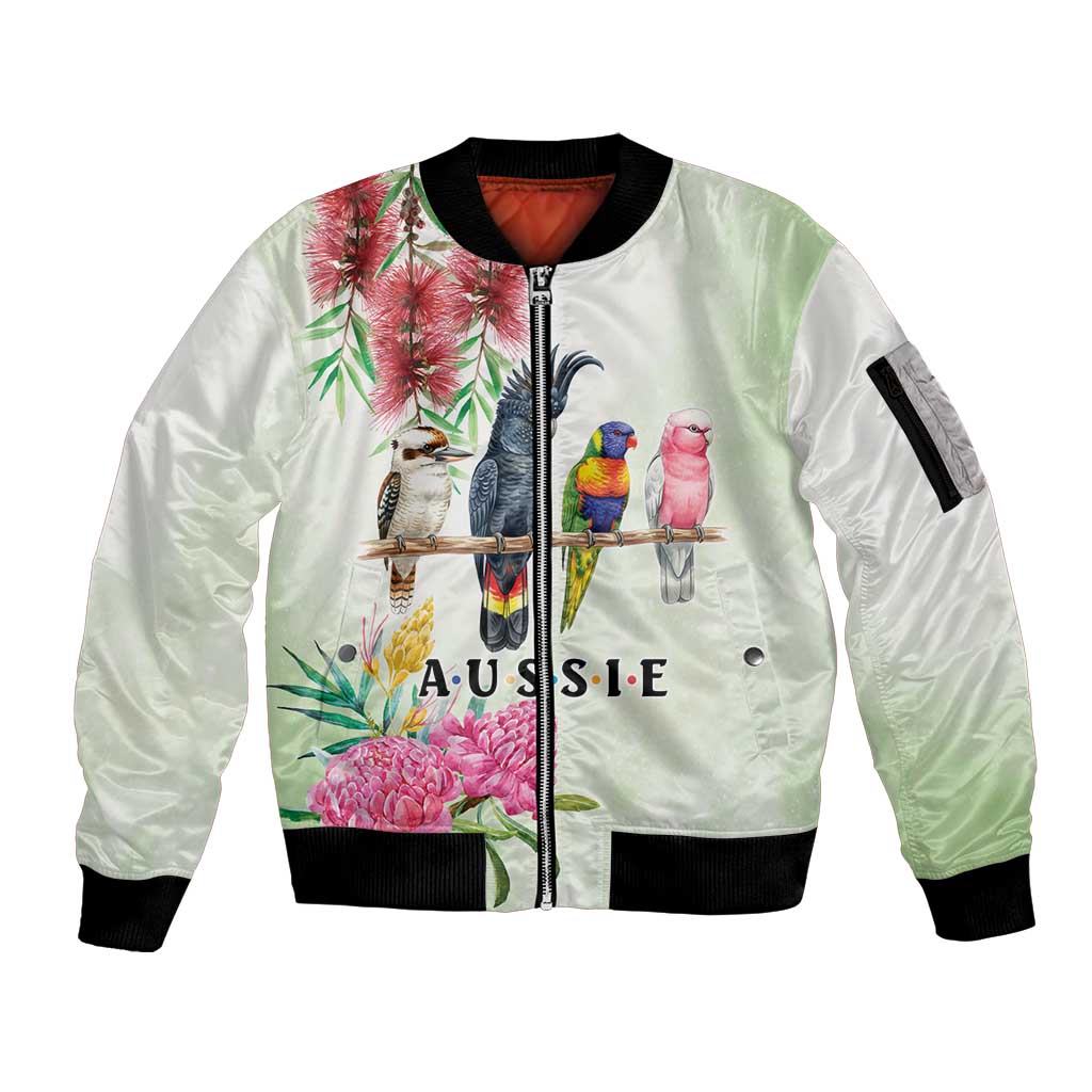 Australian Native Bird Sleeve Zip Bomber Jacket Kookaburra Cockatoo Rainbow Lorikeet Galah Flowers - Aussie Hoodie