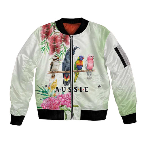 Australian Native Bird Sleeve Zip Bomber Jacket Kookaburra Cockatoo Rainbow Lorikeet Galah Flowers - Aussie Hoodie