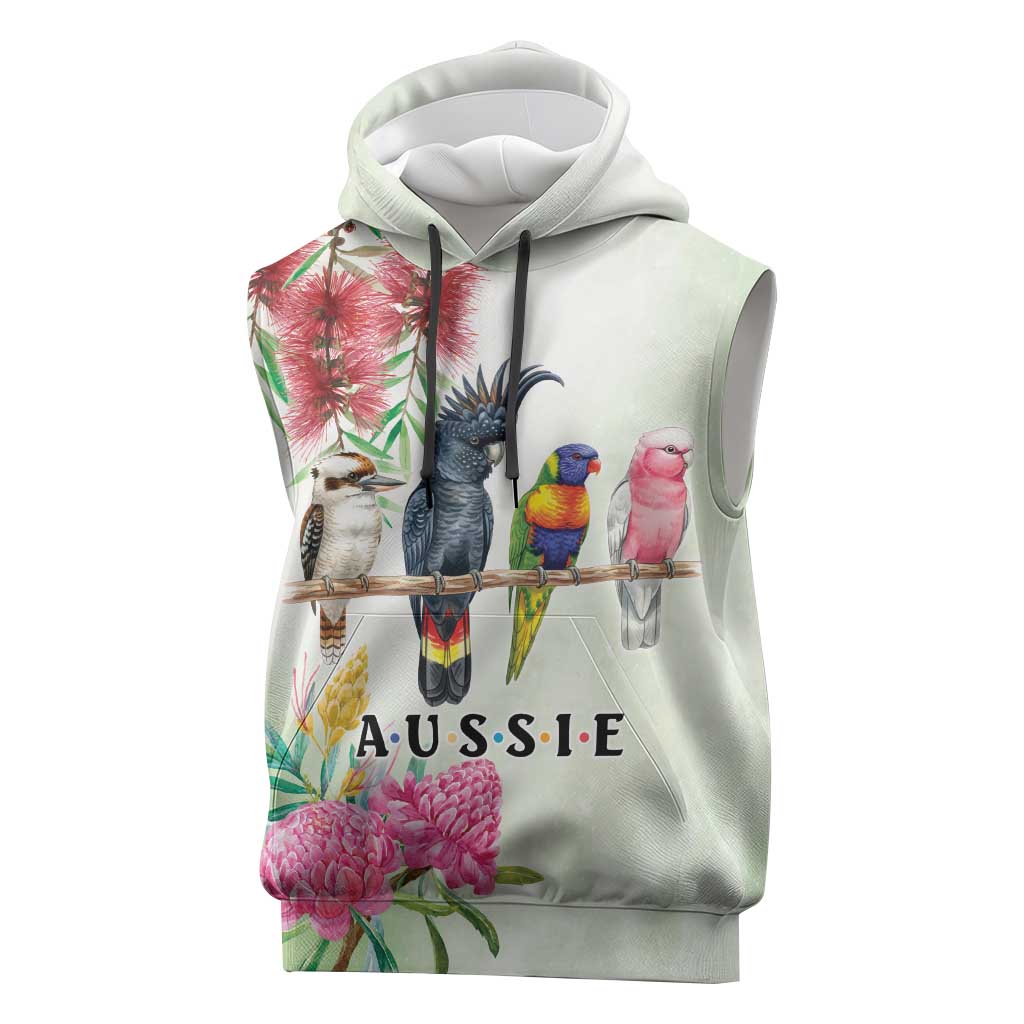 Australian Native Bird Sleeveless Hoodie Kookaburra Cockatoo Rainbow Lorikeet Galah Flowers - Aussie Hoodie