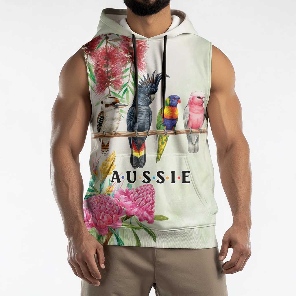 Australian Native Bird Sleeveless Hoodie Kookaburra Cockatoo Rainbow Lorikeet Galah Flowers - Aussie Hoodie
