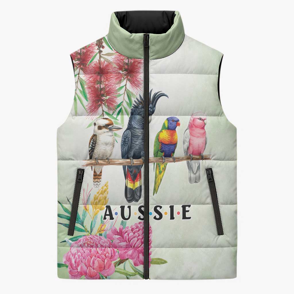 Australian Native Bird Sleeveless Puffer Jacket Kookaburra Cockatoo Rainbow Lorikeet Galah Flowers - Aussie Hoodie