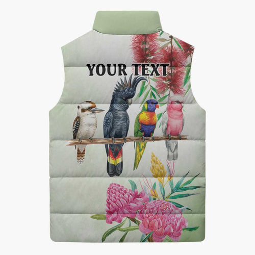 Australian Native Bird Sleeveless Puffer Jacket Kookaburra Cockatoo Rainbow Lorikeet Galah Flowers - Aussie Hoodie