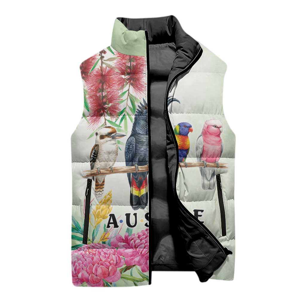 Australian Native Bird Sleeveless Puffer Jacket Kookaburra Cockatoo Rainbow Lorikeet Galah Flowers - Aussie Hoodie