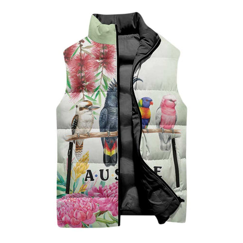 Australian Native Bird Sleeveless Puffer Jacket Kookaburra Cockatoo Rainbow Lorikeet Galah Flowers - Aussie Hoodie
