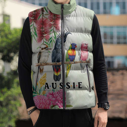 Australian Native Bird Sleeveless Puffer Jacket Kookaburra Cockatoo Rainbow Lorikeet Galah Flowers - Aussie Hoodie