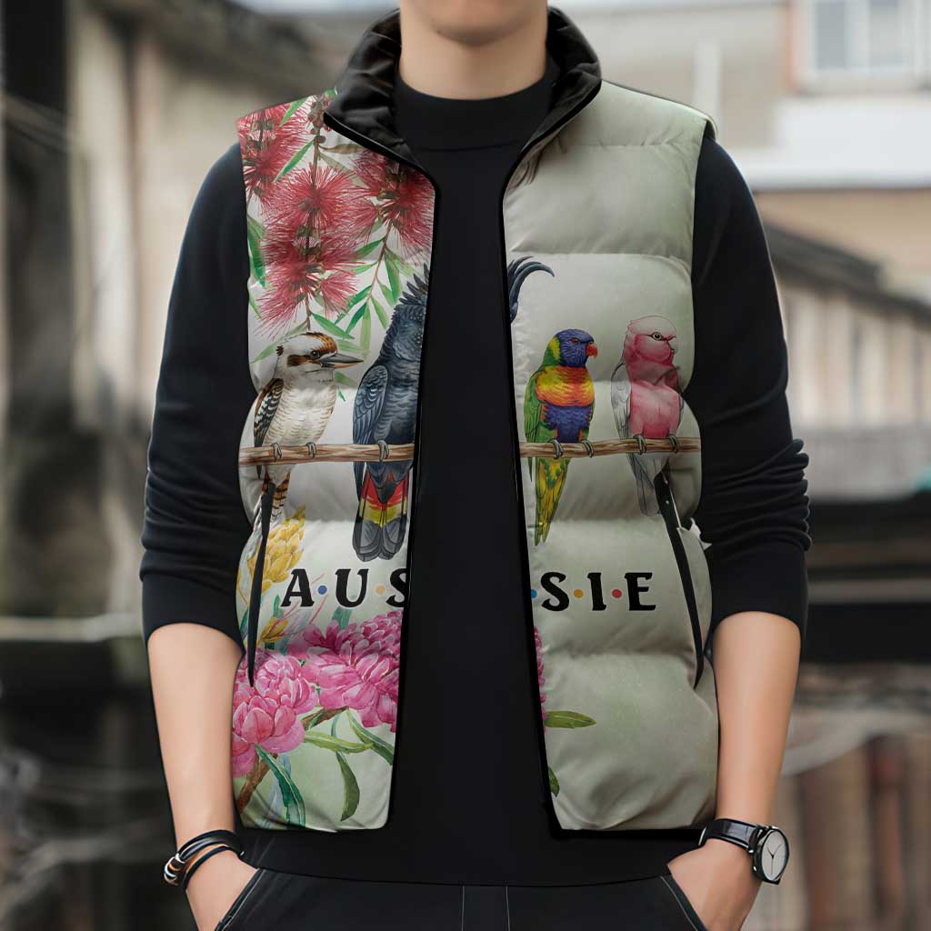 Australian Native Bird Sleeveless Puffer Jacket Kookaburra Cockatoo Rainbow Lorikeet Galah Flowers - Aussie Hoodie