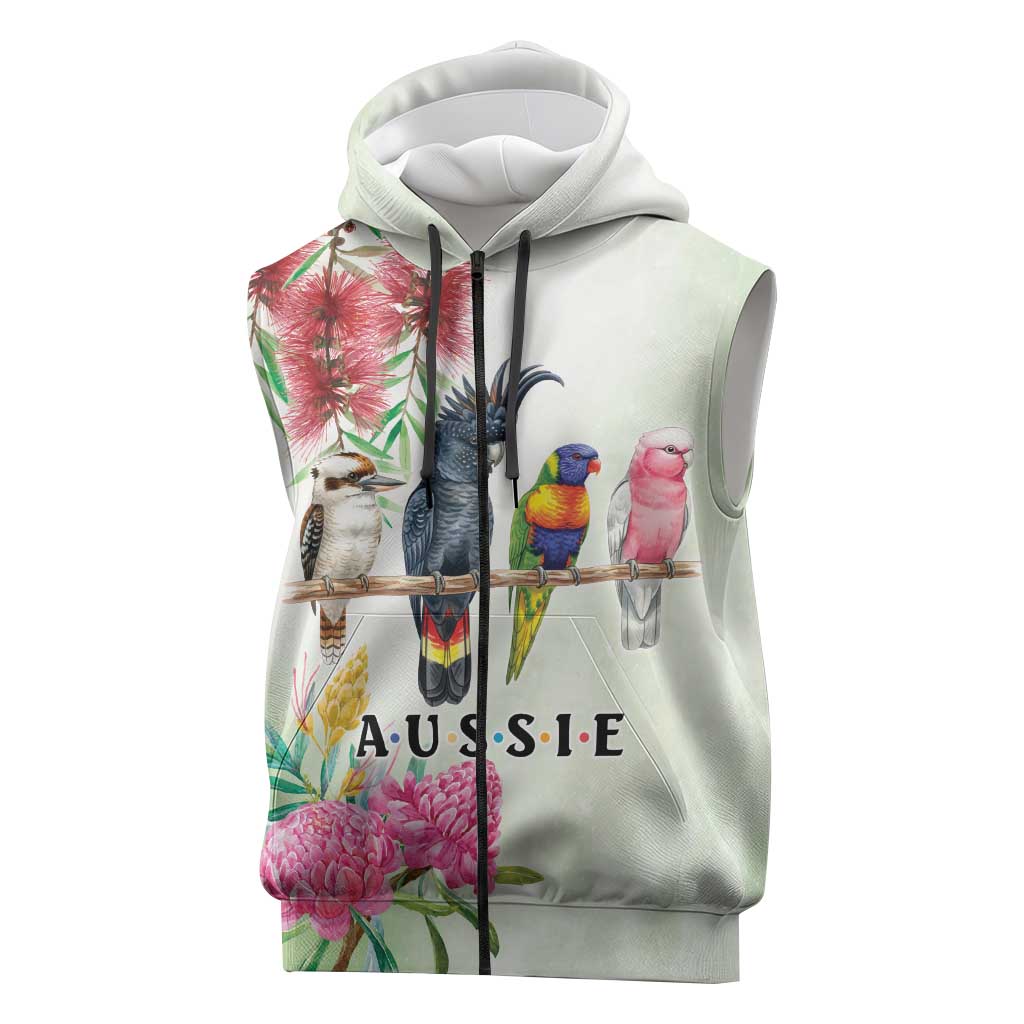 Australian Native Bird Sleeveless Zip Hoodie Kookaburra Cockatoo Rainbow Lorikeet Galah Flowers LT9