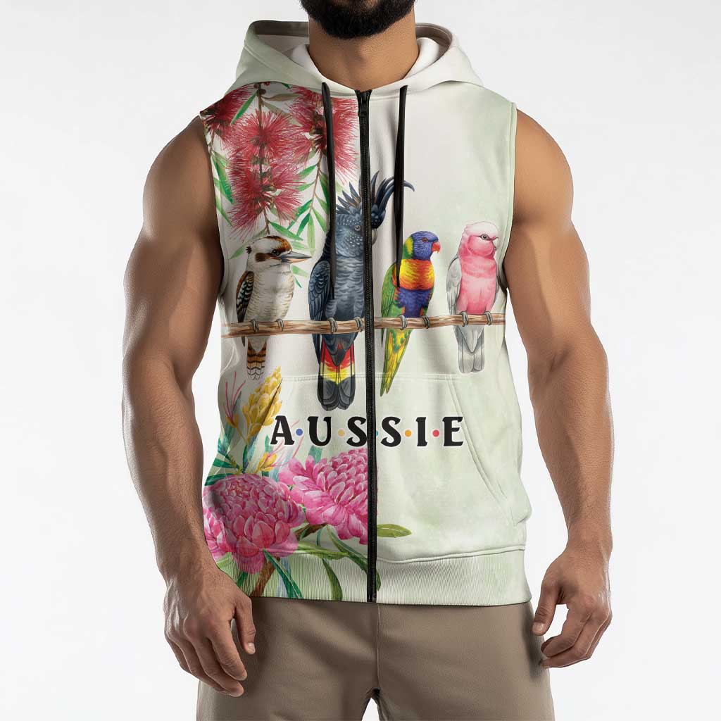 Australian Native Bird Sleeveless Zip Hoodie Kookaburra Cockatoo Rainbow Lorikeet Galah Flowers LT9