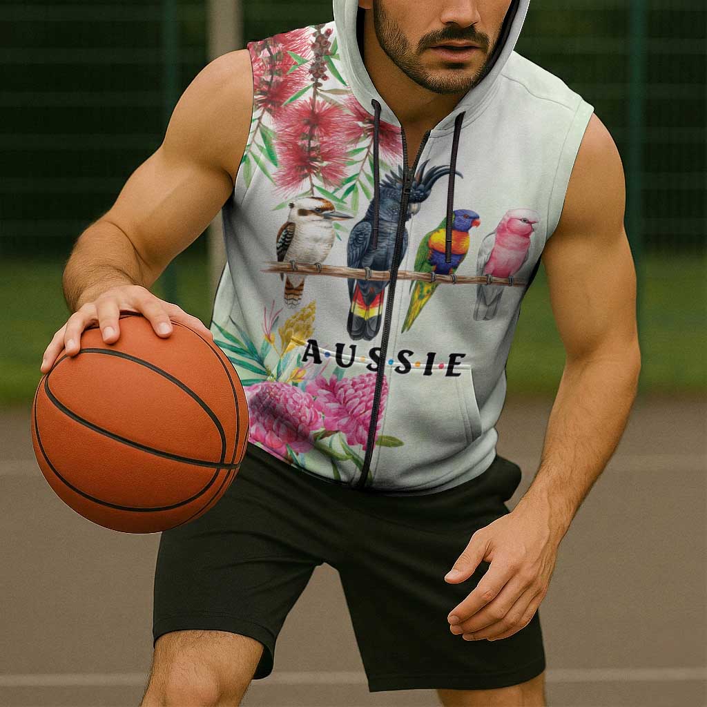 Australian Native Bird Sleeveless Zip Hoodie Kookaburra Cockatoo Rainbow Lorikeet Galah Flowers LT9
