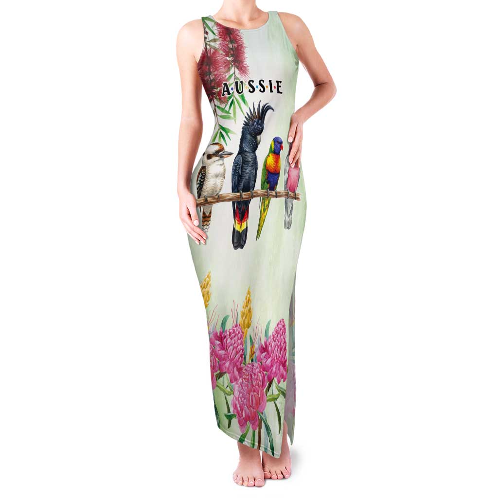 Australian Native Bird Tank Maxi Dress Kookaburra Cockatoo Rainbow Lorikeet Galah Flowers - Aussie Hoodie