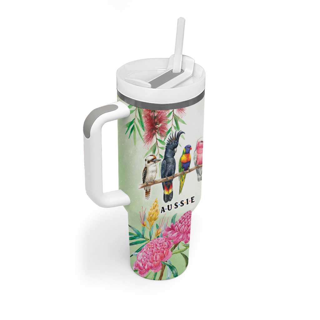 Australian Native Bird Tumbler With Handle Kookaburra Cockatoo Rainbow Lorikeet Galah Flowers - Aussie Hoodie