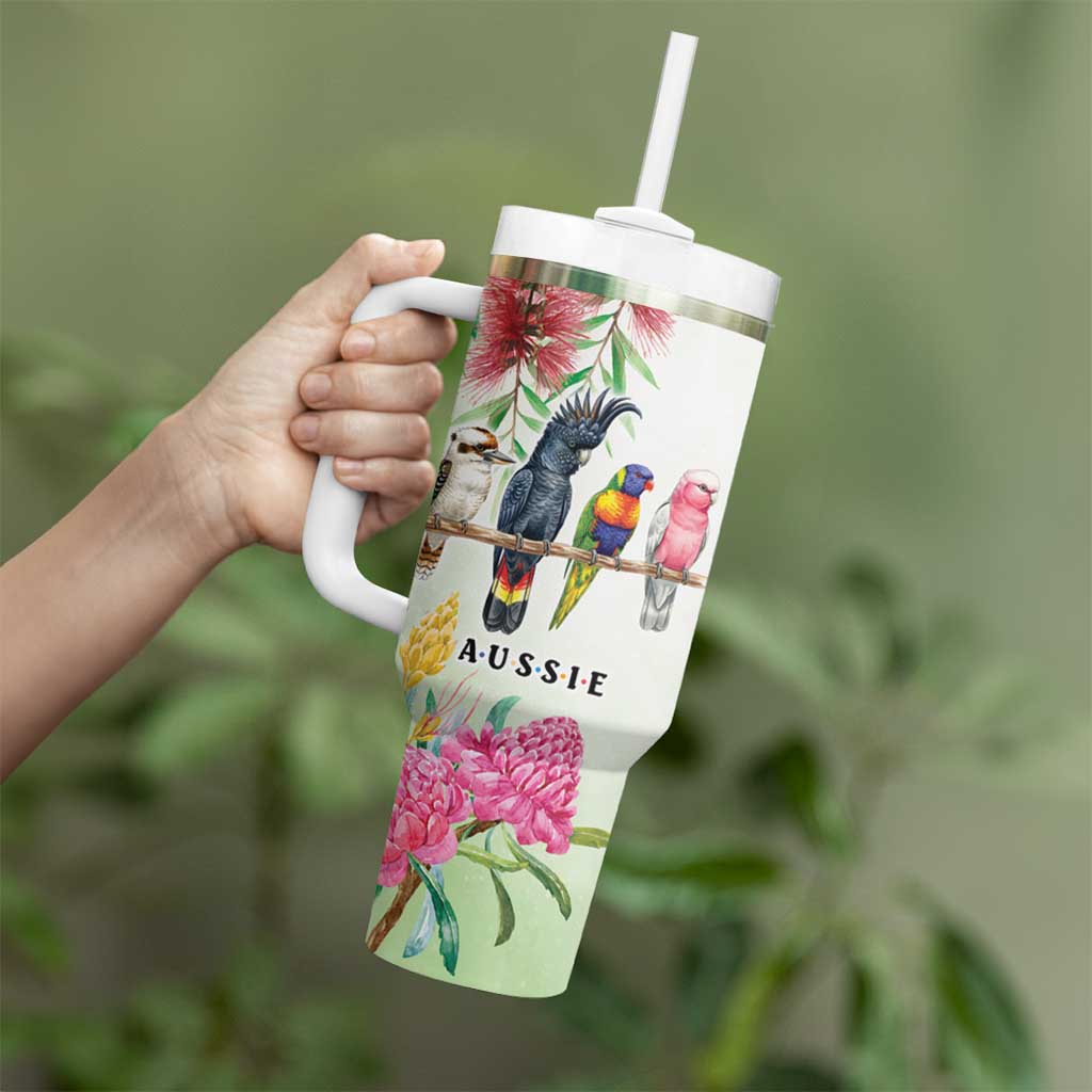 Australian Native Bird Tumbler With Handle Kookaburra Cockatoo Rainbow Lorikeet Galah Flowers - Aussie Hoodie