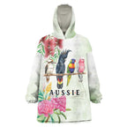 Australian Native Bird Wearable Blanket Hoodie Kookaburra Cockatoo Rainbow Lorikeet Galah Flowers - Aussie Hoodie
