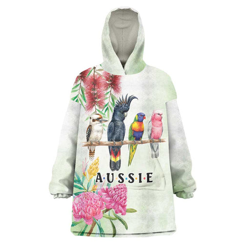 Australian Native Bird Wearable Blanket Hoodie Kookaburra Cockatoo Rainbow Lorikeet Galah Flowers - Aussie Hoodie