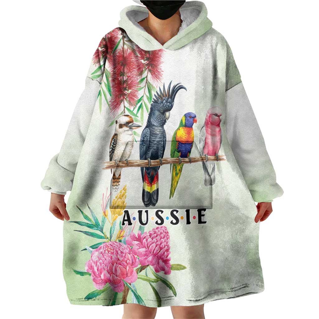 Australian Native Bird Wearable Blanket Hoodie Kookaburra Cockatoo Rainbow Lorikeet Galah Flowers - Aussie Hoodie