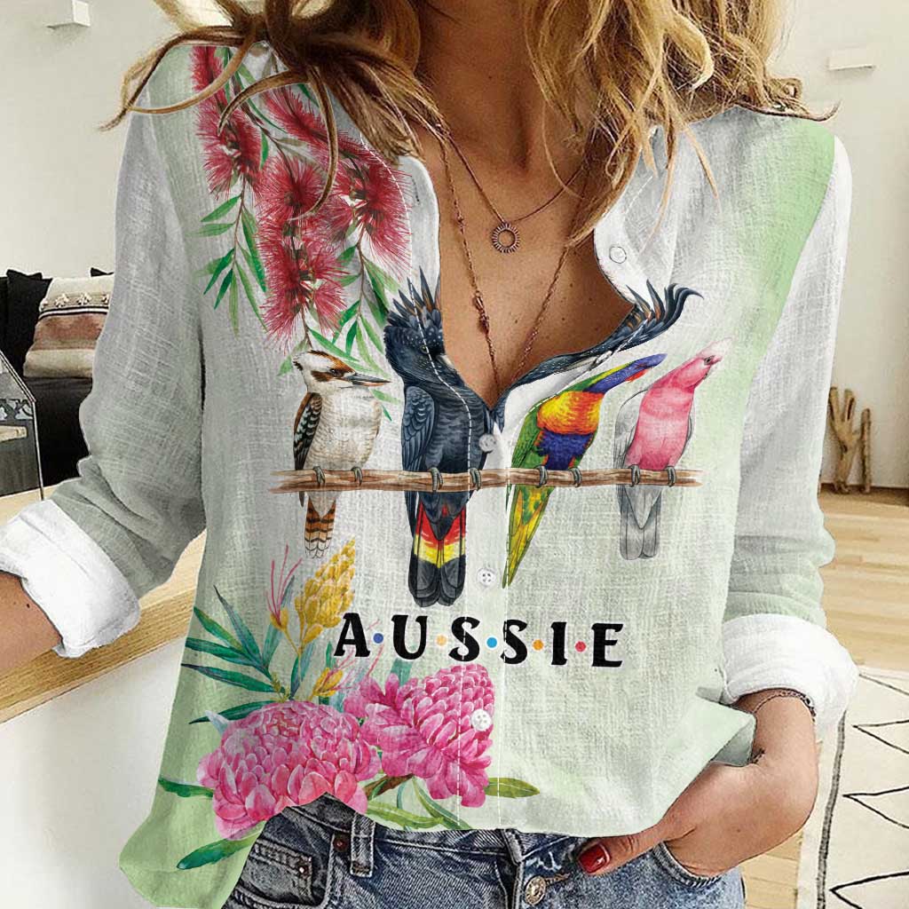 Australian Native Bird Women Casual Shirt Kookaburra Cockatoo Rainbow Lorikeet Galah Flowers - Aussie Hoodie