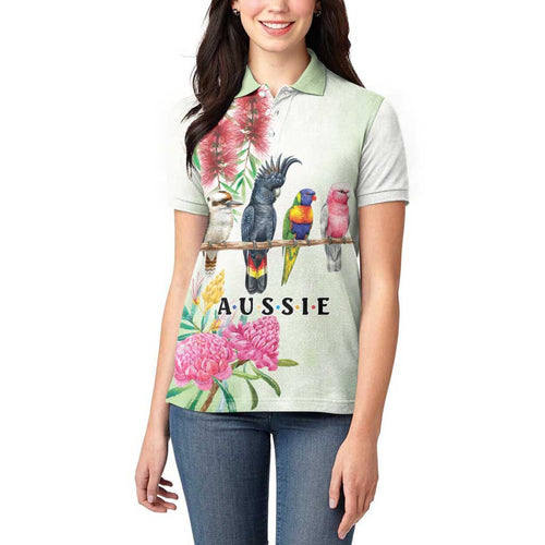 Australian Native Bird Women Polo Shirt Kookaburra Cockatoo Rainbow Lorikeet Galah Flowers - Aussie Hoodie