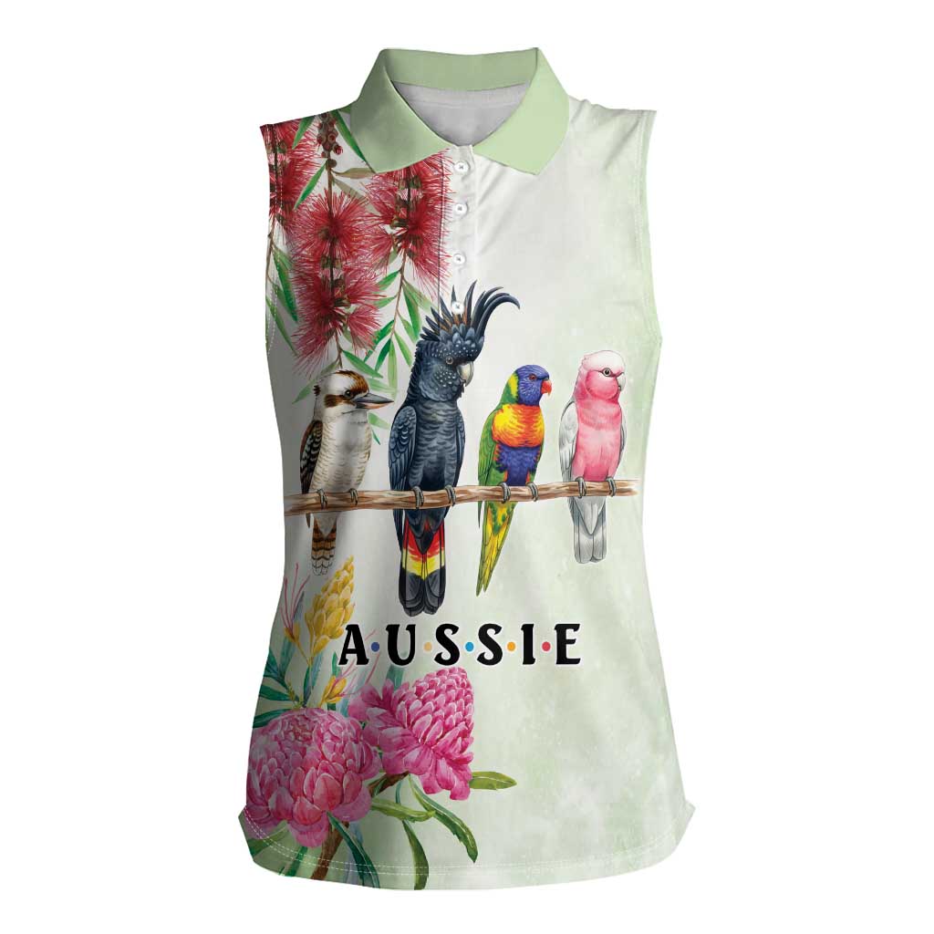 Australian Native Bird Women Sleeveless Polo Shirt Kookaburra Cockatoo Rainbow Lorikeet Galah Flowers - Aussie Hoodie
