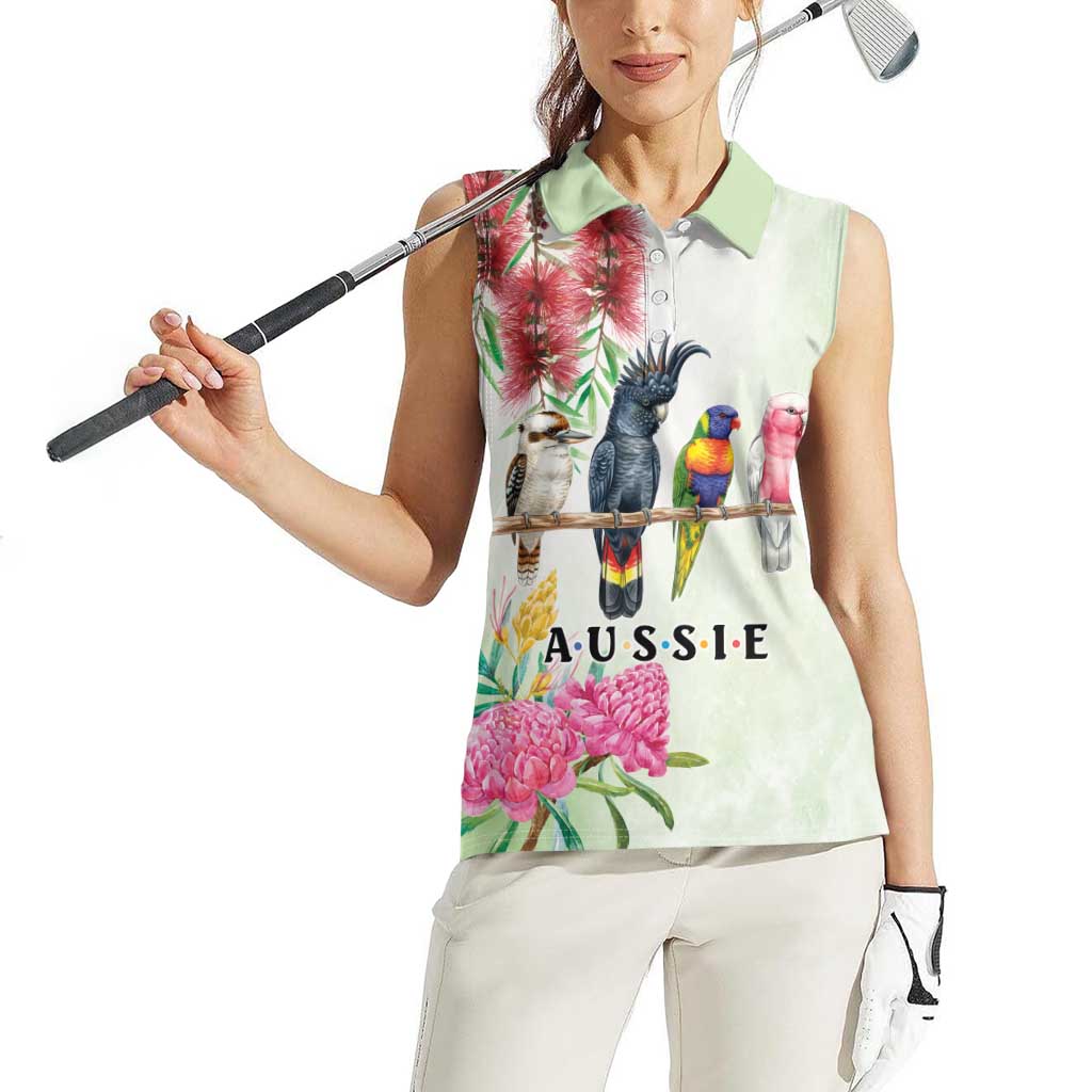 Australian Native Bird Women Sleeveless Polo Shirt Kookaburra Cockatoo Rainbow Lorikeet Galah Flowers - Aussie Hoodie