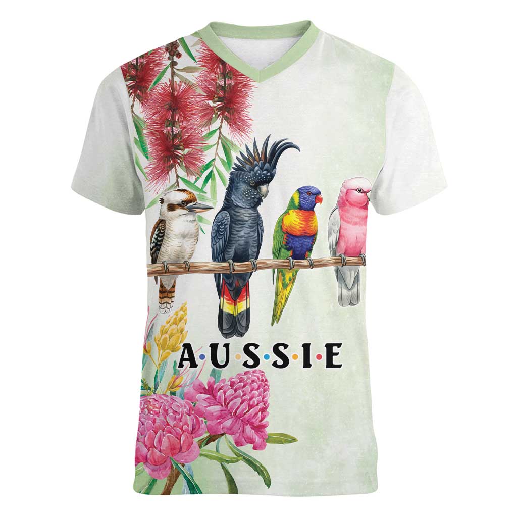 Australian Native Bird Women V-Neck T-Shirt Kookaburra Cockatoo Rainbow Lorikeet Galah Flowers - Aussie Hoodie