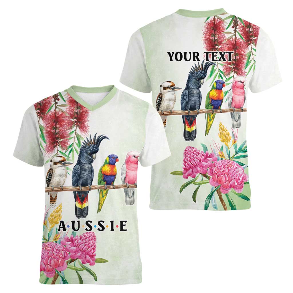 Australian Native Bird Women V-Neck T-Shirt Kookaburra Cockatoo Rainbow Lorikeet Galah Flowers - Aussie Hoodie