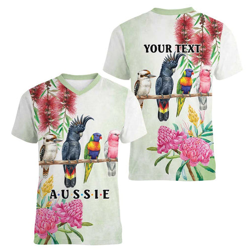 Australian Native Bird Women V-Neck T-Shirt Kookaburra Cockatoo Rainbow Lorikeet Galah Flowers - Aussie Hoodie