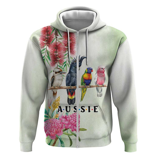 Australian Native Bird Zip Hoodie Kookaburra Cockatoo Rainbow Lorikeet Galah Flowers - Aussie Hoodie