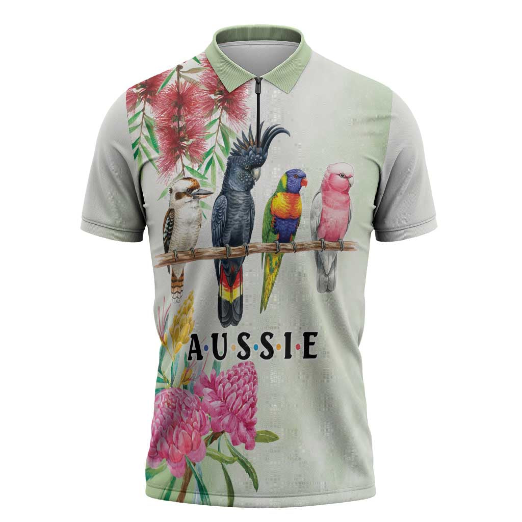 Australian Native Bird Zipper Polo Shirt Kookaburra Cockatoo Rainbow Lorikeet Galah Flowers - Aussie Hoodie