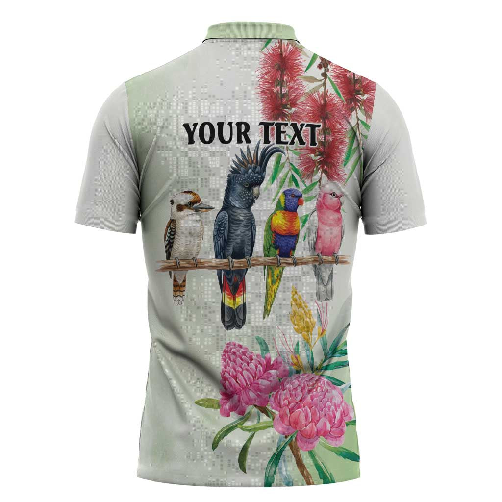 Australian Native Bird Zipper Polo Shirt Kookaburra Cockatoo Rainbow Lorikeet Galah Flowers - Aussie Hoodie
