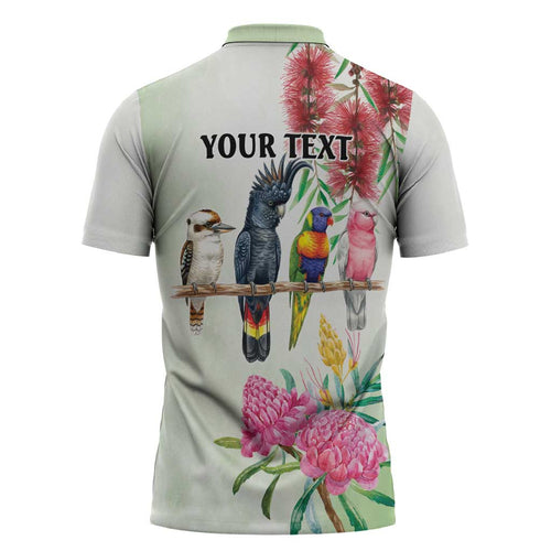 Australian Native Bird Zipper Polo Shirt Kookaburra Cockatoo Rainbow Lorikeet Galah Flowers - Aussie Hoodie