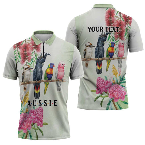 Australian Native Bird Zipper Polo Shirt Kookaburra Cockatoo Rainbow Lorikeet Galah Flowers - Aussie Hoodie